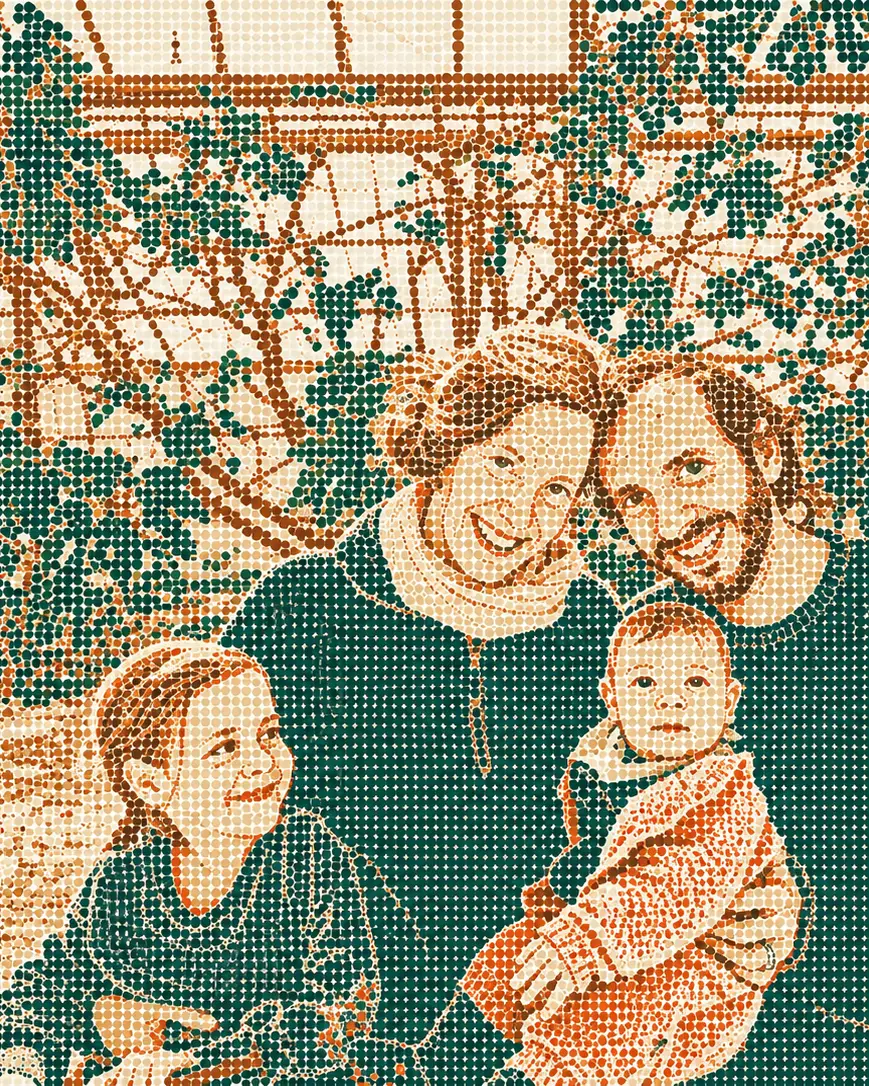 Der Gründer der Zeitpraxis mit seiner Familie, als Halbton-Illustration