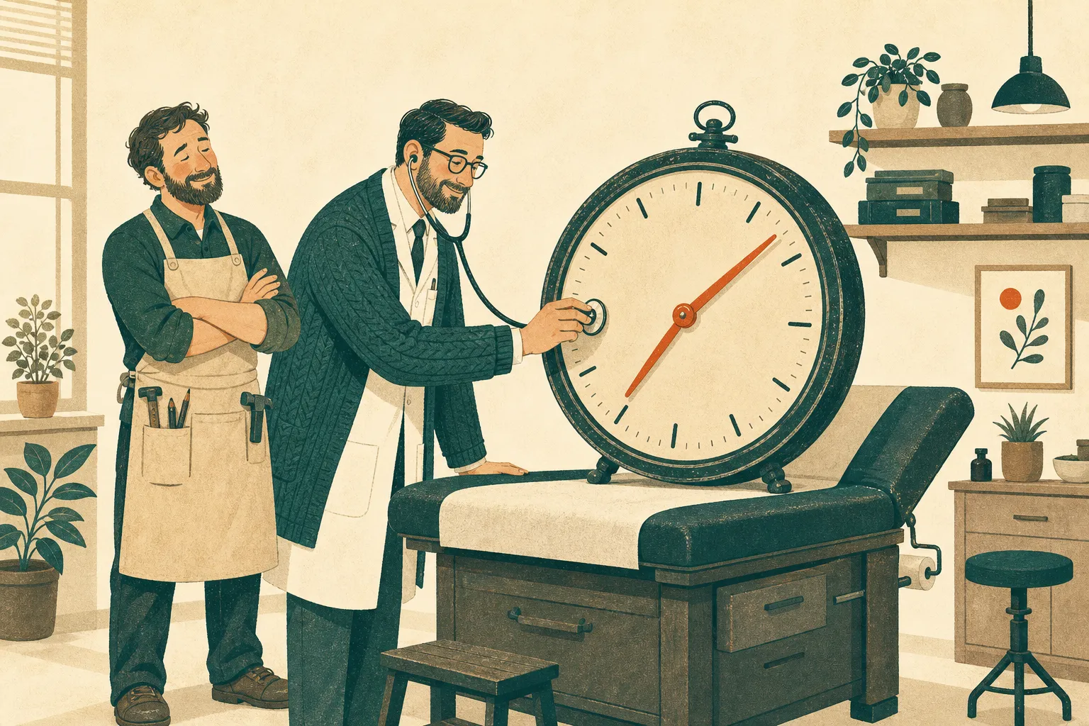 Der Zeit-Doktor untersucht die Betriebszeit mit dem Stethoskop